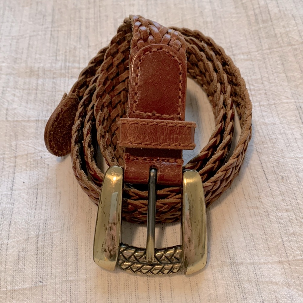 Vintage brown leather woven belt w/ gold buckle